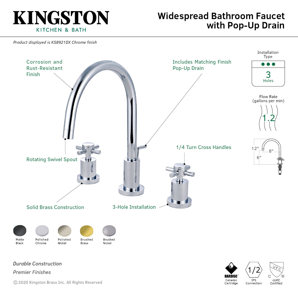 Kingston Sona KS8926DX - Concord Two-Handle 3-Hole Deck Mount Widespread Bathroom Faucet with Brass Pop-Up, Polished Nickel — thumbnail 2